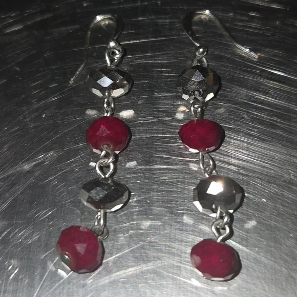 Silver and Red Beaded Dangle Earrings - Picture 1 of 5